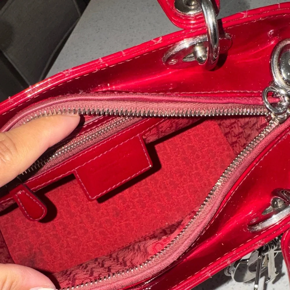 ❤️Dior Red Patent Quilted Lady Dior Satchel with Silver Hardware